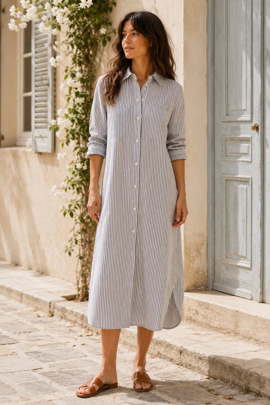 Everlane Shirt Dress Womens S Gray White Striped Button Front Midi Minimalist